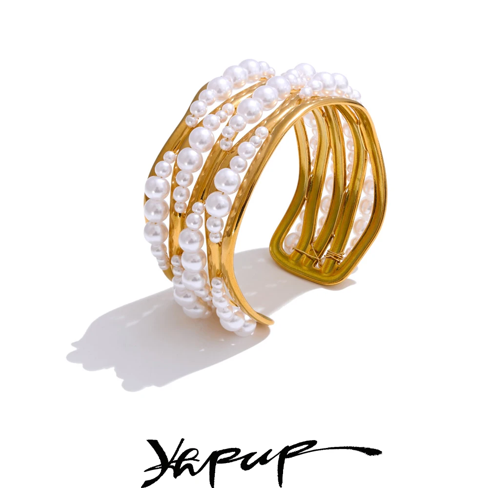 Bracelet of large pearls, wide cuff, 18K PVD plated stainless steel open wrist bracelet