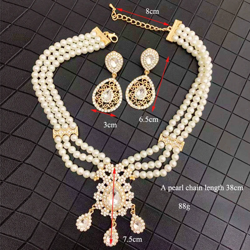 Arab Wedding Ornaments Set Fashionable Green Rhinestone Jewelry Moroccan Women Pearl Earrings Pearl Necklace Waist Chain,