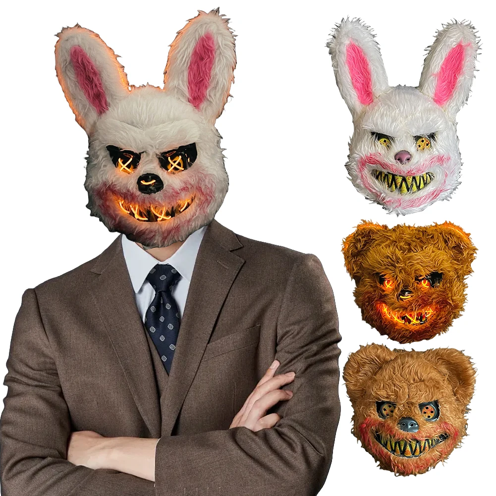 Bloody Plush Animal Head Mask Halloween LED Bloody Plush Bunny Mask with LED Lights Scream Mask Cosplay Costume Party Decoration
