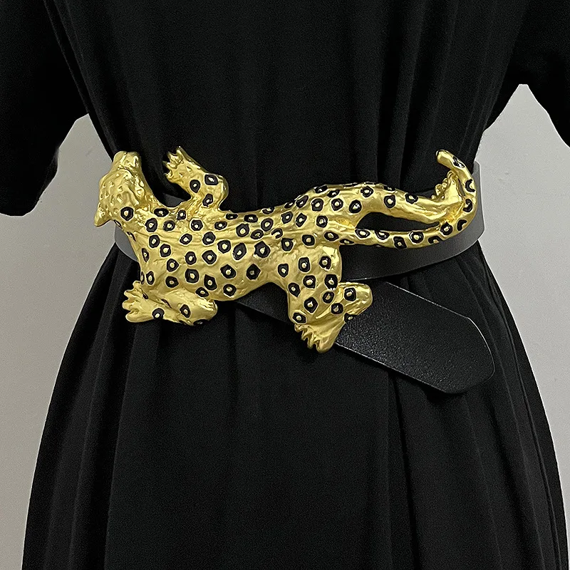 Women's Runway Fashion Genuine Leather Spoted Leopard Cummerbunds Female Dress Corsets Waistband Belts Decoration Belt