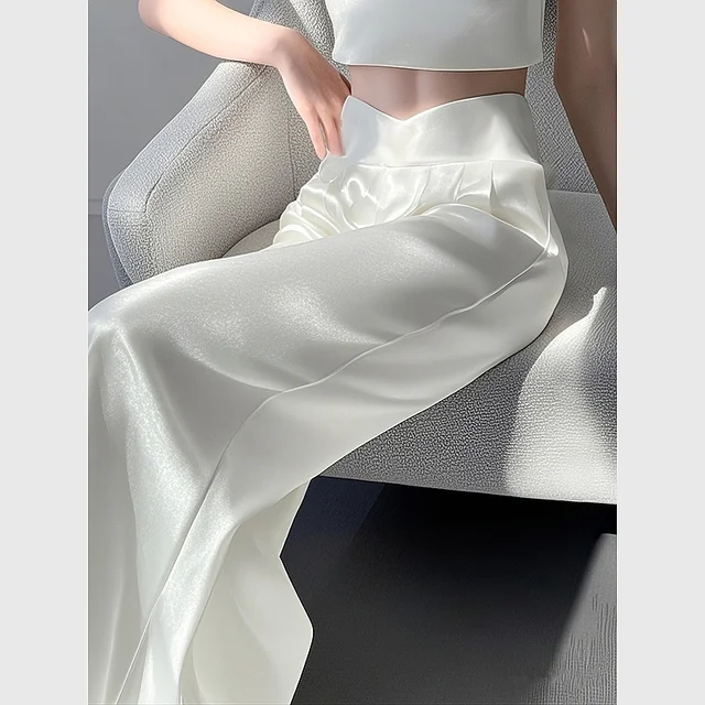 New Fashion White Satin Straight Pants Women Elegant Casual High