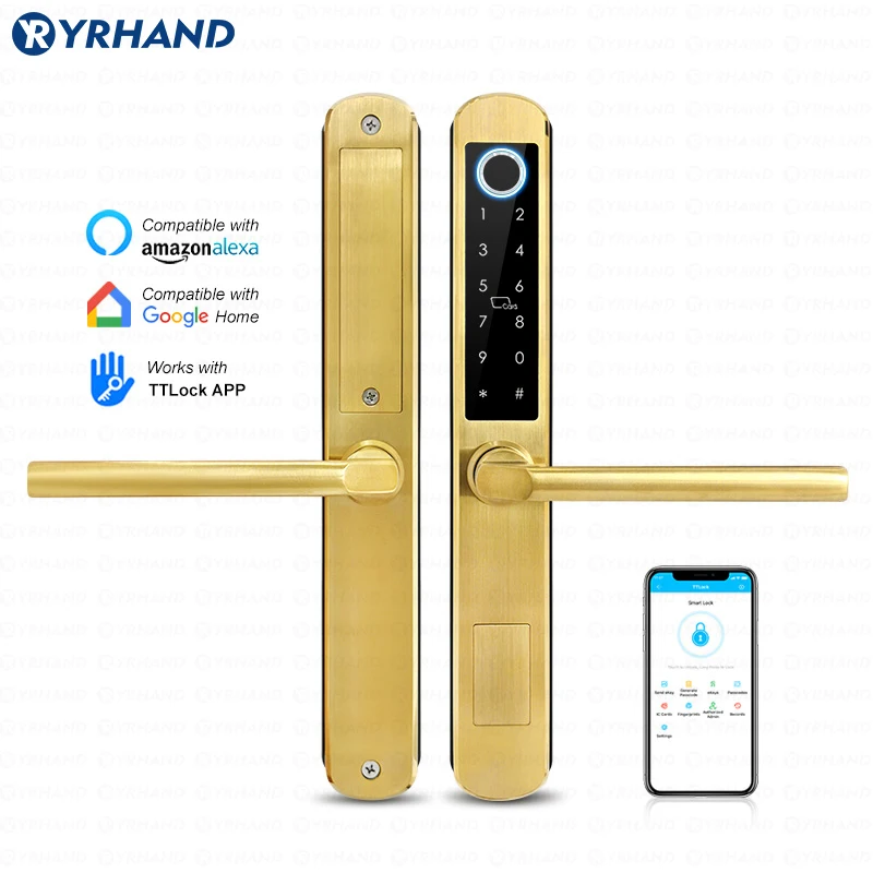 

IP66 Gold Stainless steel Sliding Glass Smart Lock Tt lock App with Google home Aleax Fingerprint Rfid Electronic Digital Lock