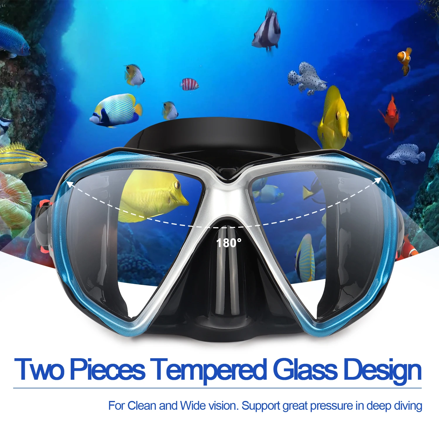 Panoramic HD Diving Mask, Anti-Fog Scuba Diving Goggles, Tempered Glass Dive Mask, Adult Youth Swim Goggles with Nose Cover