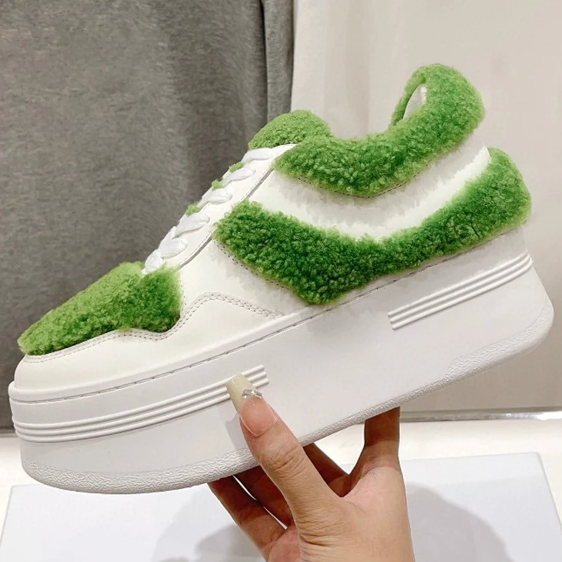 

Lovely Women Small White Shoes Autumn New Wool Upper Design Thick Bottom Sneakers Comfortable Height Increasing Female Loafers
