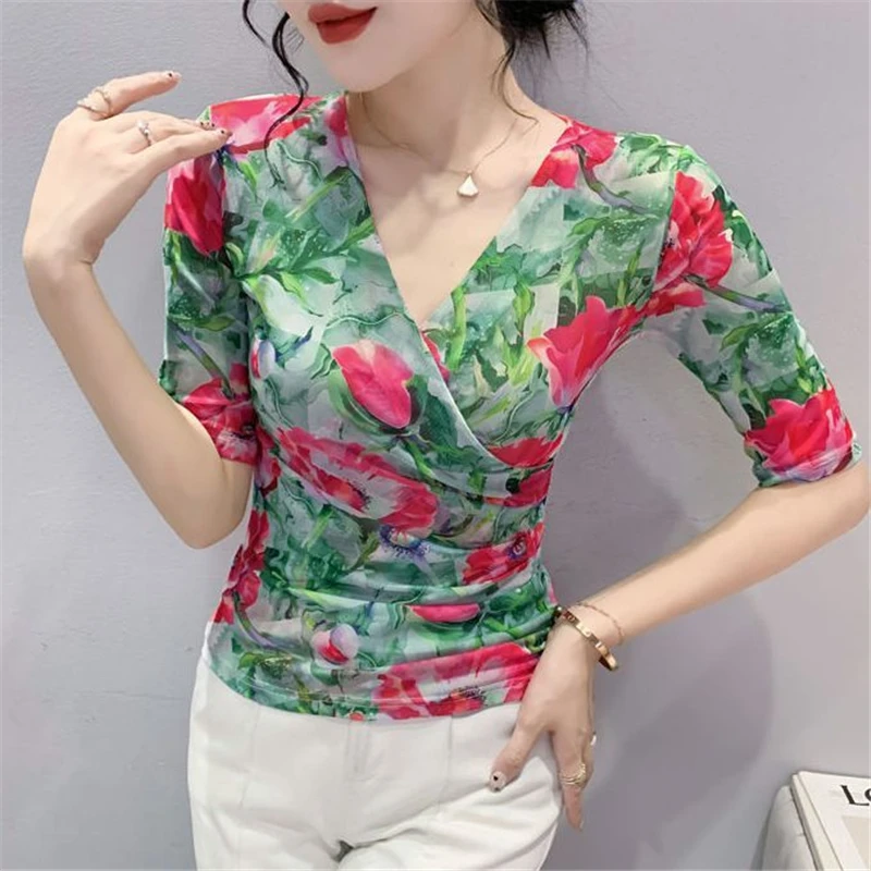 Women\'s Clothing Ruched Sexy Sheer Mesh V-neck Elegant Basic T-shirt Spring Summer Fashion V Neck Tie Dye Floral Print Slim Tops