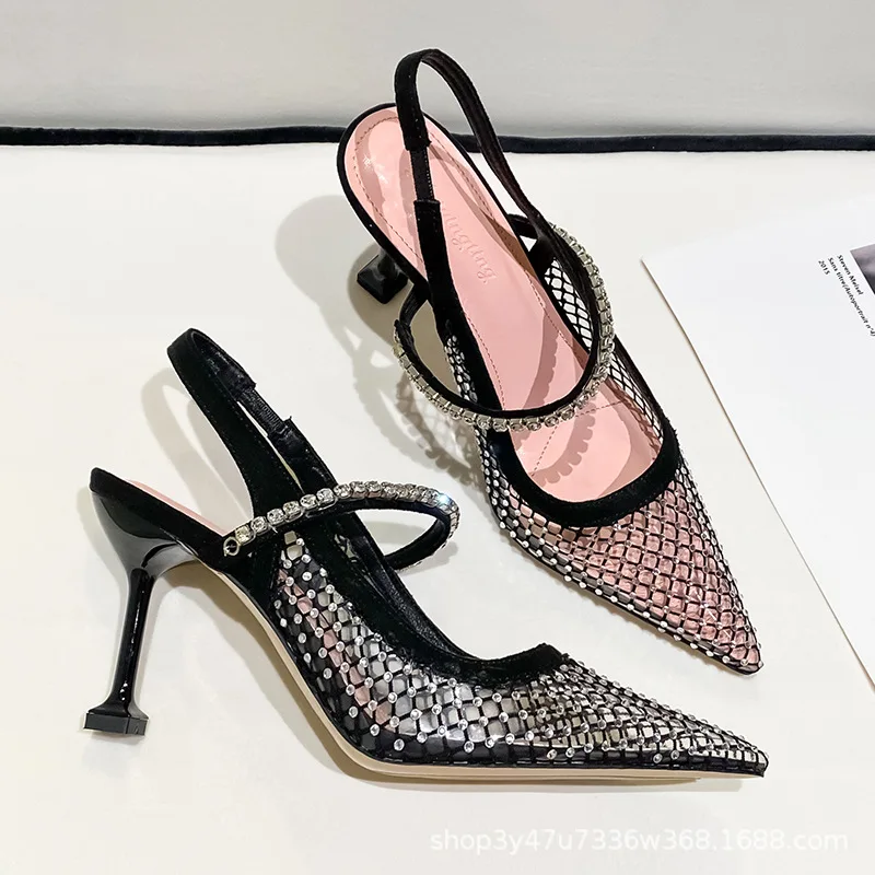 

Rhinestones Sexy Pointed Toe High Heels 2023 New Pump Shallow Mouth Skeleton Elegant Stylish Luxury Sandals Zapatos Fiesta Mujer