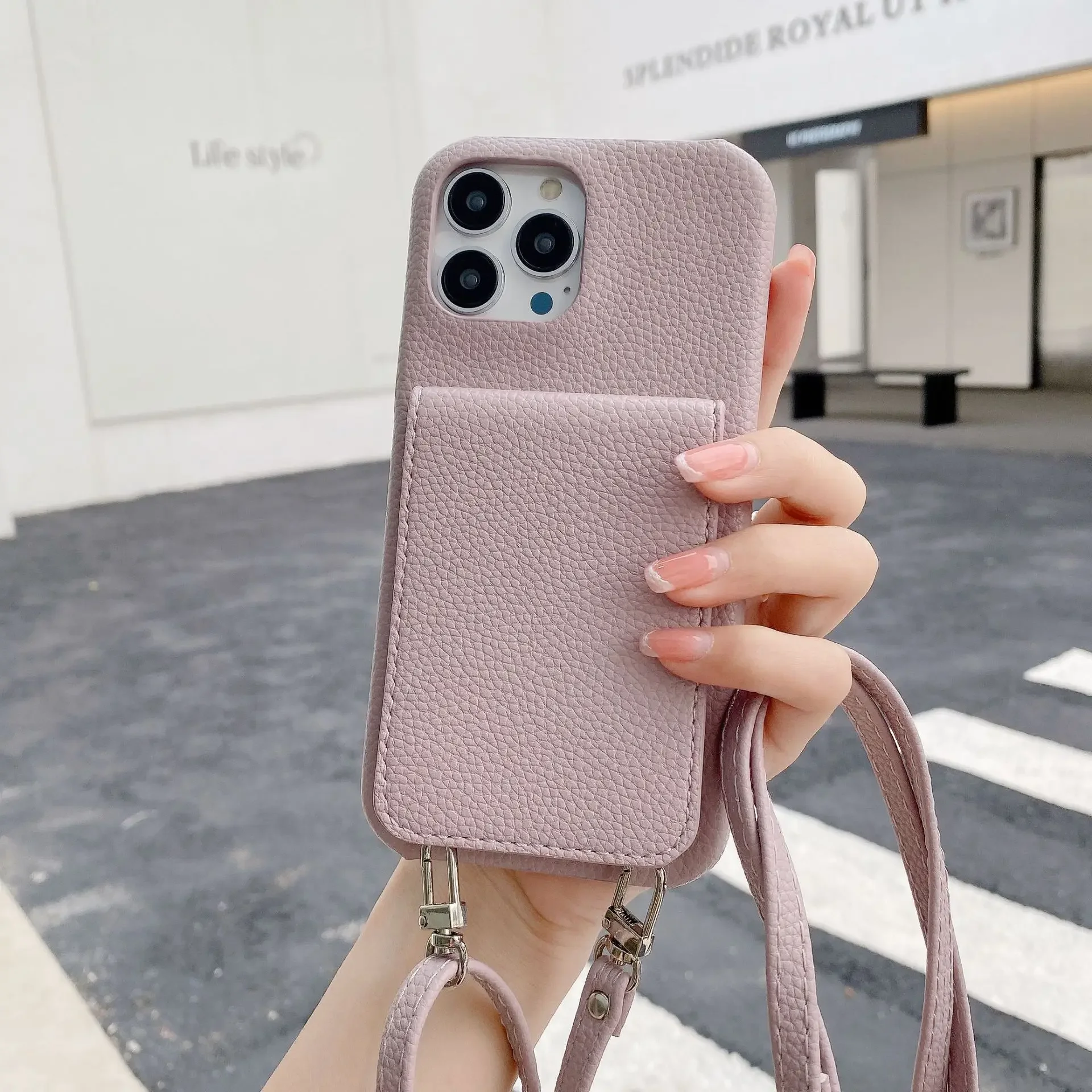 Elegant Leather Crossbody Phone Case with Lanyard and Card Holder