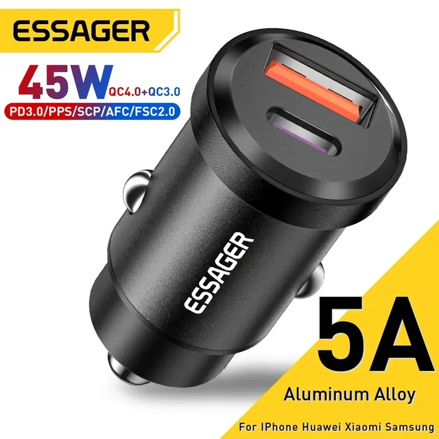 Essager – chargeur de voiture USB type-c 45W QC 4.0 PD 3.0 SCP 5A, charge rapide pour iPhone 14 13 Pro, Huawei Xiaomi Samsung S22 Ultra 1
