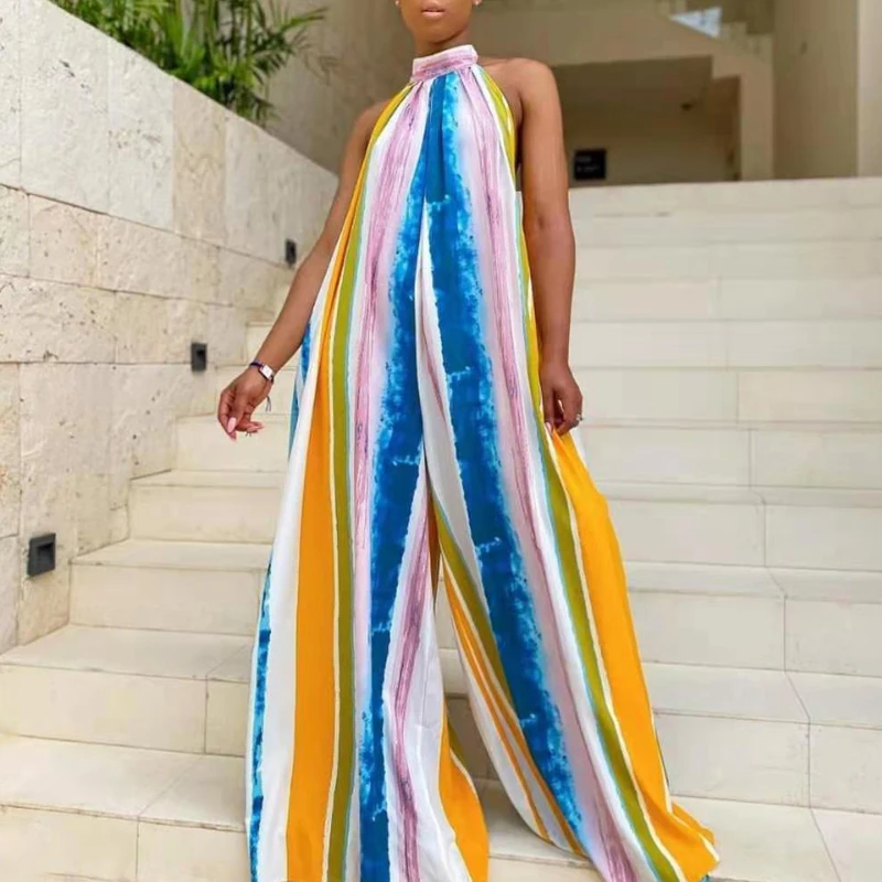 

Fashion Sleeveless High Street Wide Leg Romper Summer Casual Striped Print Halter Jumpsuit Women Backless Holiday Loose Playsuit