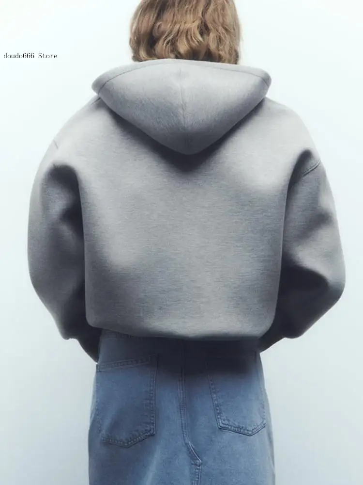 Autumn and Winter Women's Casual Coat Warm Hooded Long Jacket Long Sleeve Large Pocket Zipper Grey Jacket Coat 2