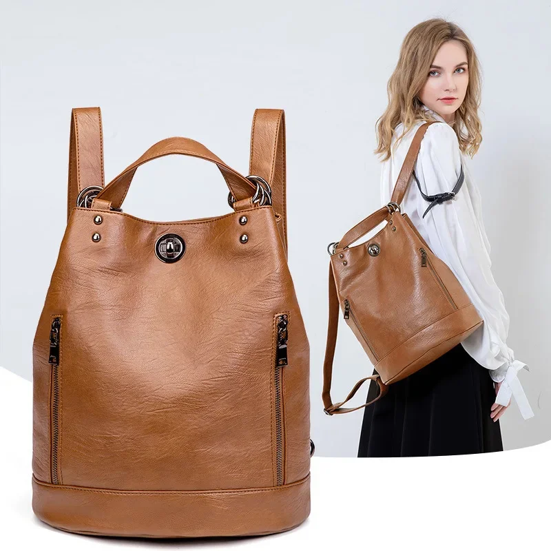 

Vintage Soft Leather Women's Backpack Multi-Functional College Students School Bag Large Capacity Feminina Travel