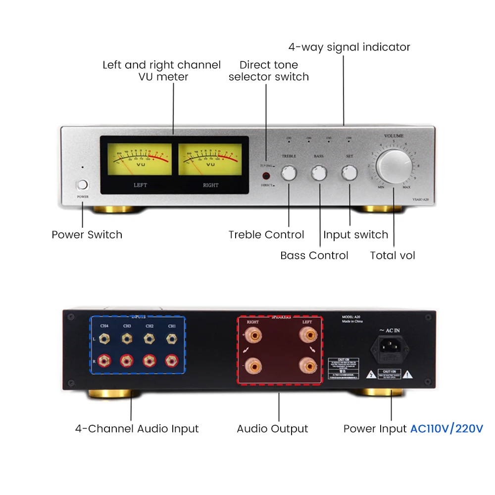 Bluetooth Power Amplifiers VU Meter Stereo Level Indicator Audio Amp  Speaker A02