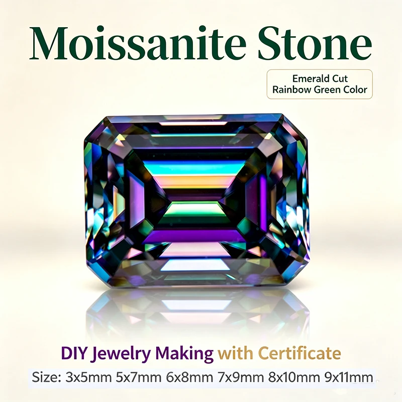 Moissanit-Stein im Smaragdschliff, Regenbogengrüne Farbe, DIY-Schmuckherstellung, Ring, Halskette, Ohrringe, Hauptmaterialien mit Zertifikat