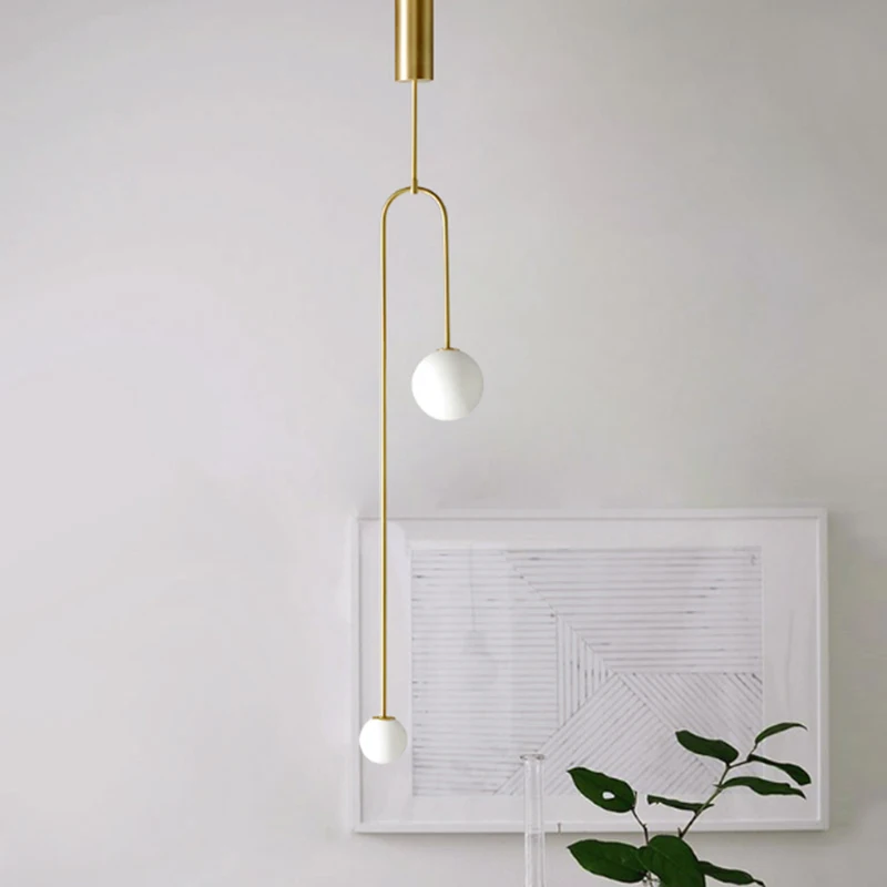 

Minimalist Metal Plating Gold 2 Heads Pendant Lamp Modern White Glass Ball Pole Bedside Living Room Deco LED G9 Lighting Fixture