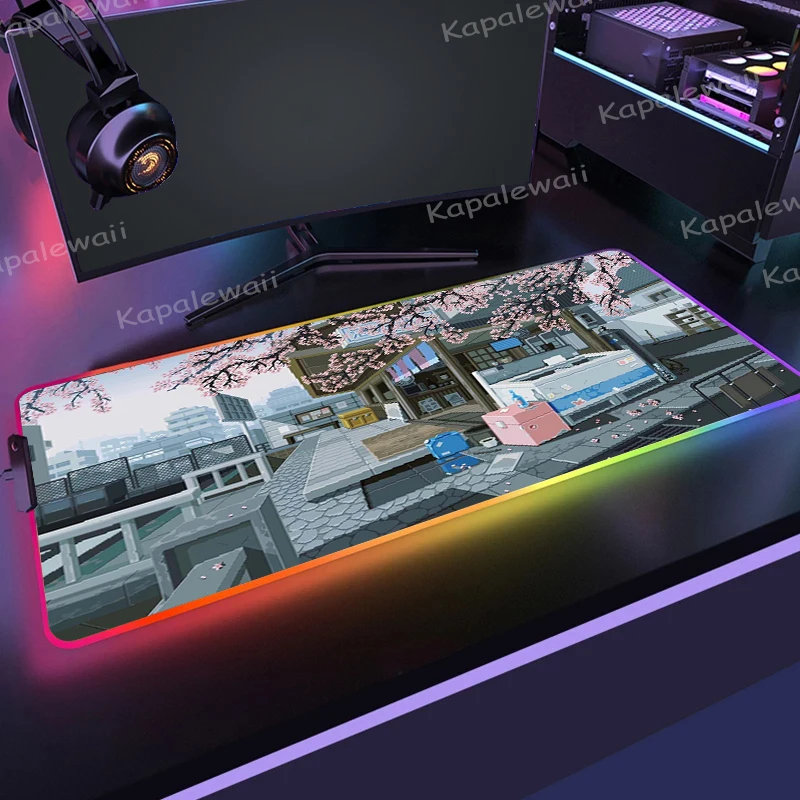 

Rgb коврик для мыши, дизайнерский неоновый город Pixel Kawaii, Игровые ноутбуки, Настольный коврик для клавиатуры, коврик для мыши Xxl, аксессуары для офисного компьютера и стола