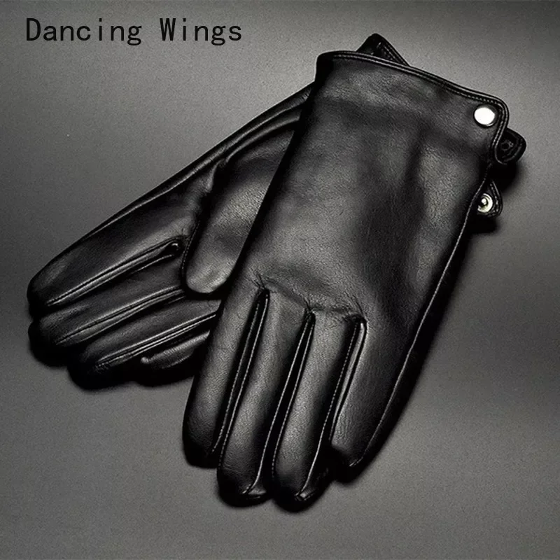 

Men Winter Real Leather Gloves Black Genuine Goatskin Gloves Fleece Lining Warm Driving Fashion Button New