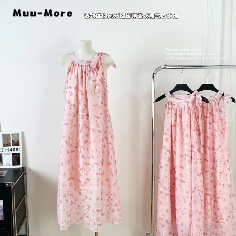 

2024 Summer Sweet Sexy Style Round Neck Lace-up Suspender Midi Dresses Women Fairy Floral Print Chiffon Loose Fit Elegant Dress