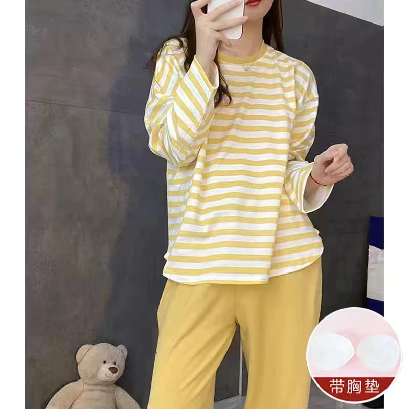 Women's Pajamas Set with Chest Pad Stripe autumn Leisure Elastic Waist Girls Sleepwear long Sleeve Soft Pijama Homewear Cloth