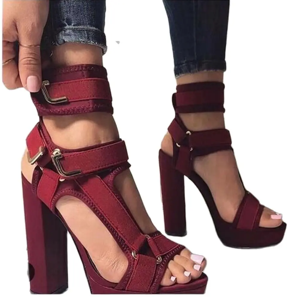 Sandalias de tacón alto con correa para mujer, zapatos de verano, color rojo vino, militar, con volantes, a la moda, - AliExpress Calzado