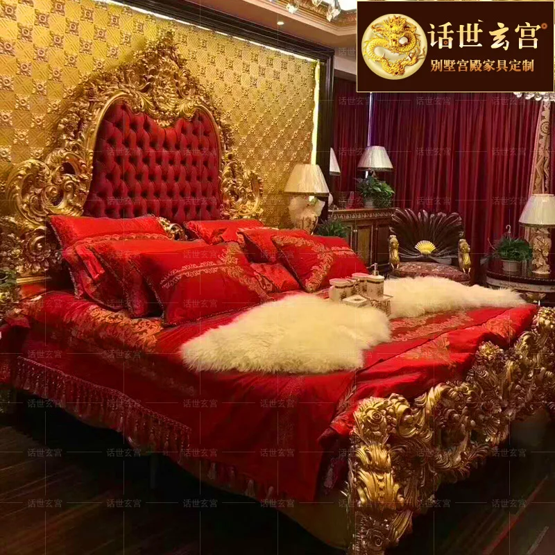 

French court bed European structure villa master bedroom luxury gold foil solid wood handmade carved flower bed