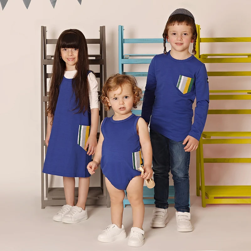 AA-Baby Romper Blue Knitted Denim sleeveless side striped pocket baby boy & girls clothes baby overall round neck family set cotton romper