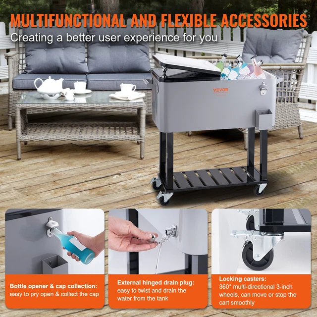 Vevor Gördülő Jégláda Hűvös Kocsi 80 Quart, Hordozható Bár Italhűtő, Acél Ital Álljon Fel Hűvösebb Teraszra, Hátsó Udvarra - Image 5