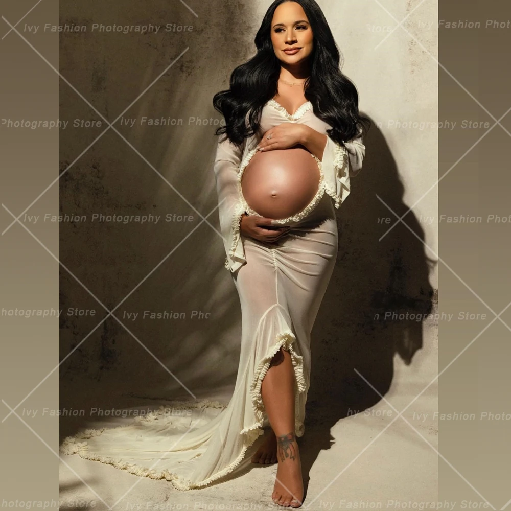 

Maternity Gown For Photo Shoot Sexy Transparent Ruffle Pregnant Woman Belly Hollowed Out Long Sleeved Dress Baby Shower Dress