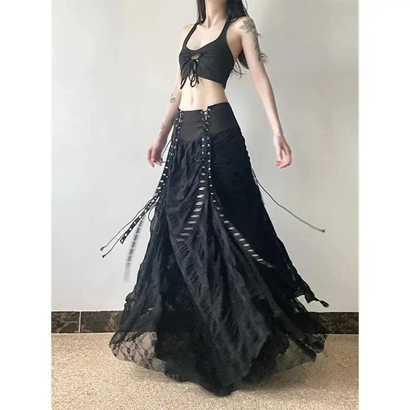 MEXZT Y2K Lace Mesh Long Skirt Women Harajuku Vintage Patchwork Bandage Black Skirts Gothic Aesthetic High Waist Chic Faldas New 3