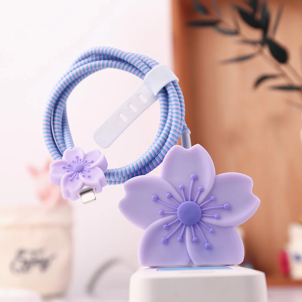 Purple Charger Petal: Cherry Blossom Fast Charging Cable with Protective Case and Winder Organizer