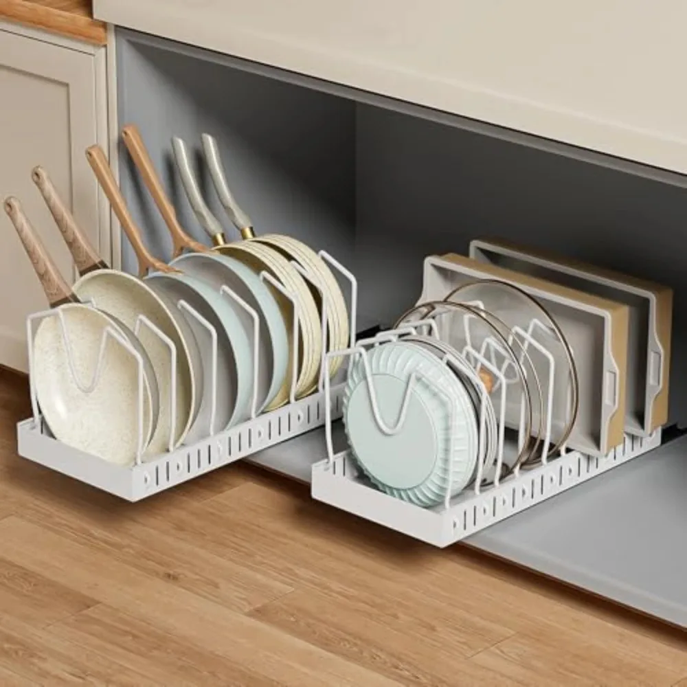 Adjustable Pull-Out Pot Rack for Home Kitchens Countertop Tray with Sliding Rails Utensil Divider Tray Drawer-Style Storage Rack
