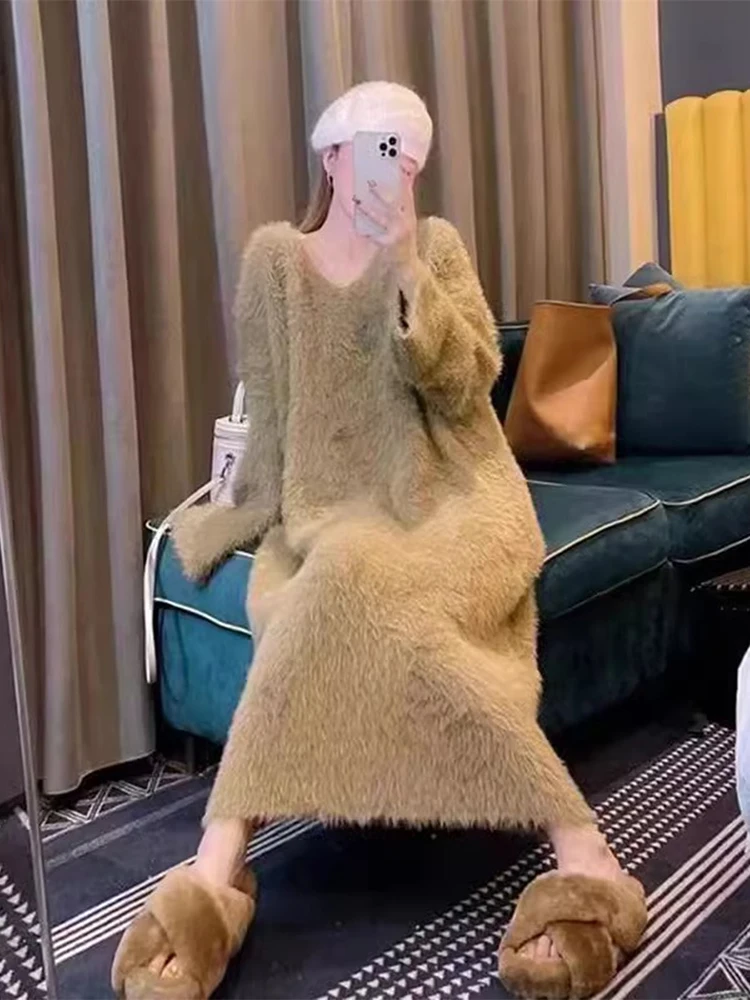 

Длинное платье-свитер из имитации меха норки, женские вязаные платья свободного покроя на осень и зиму, темпераментные свитера с V-образным вырезом