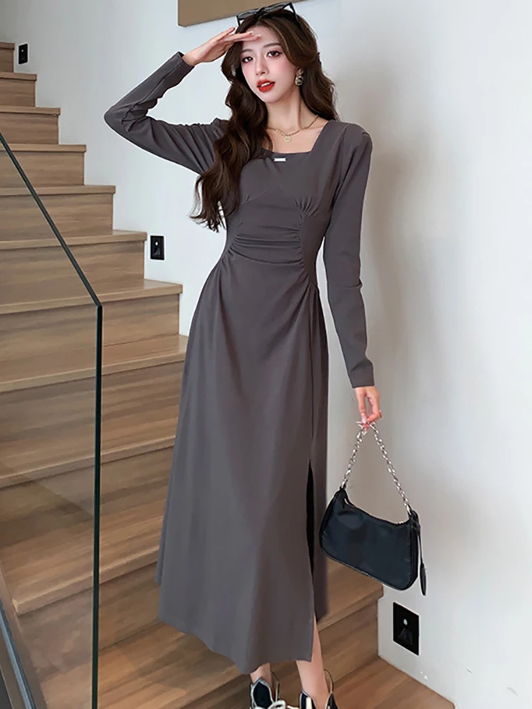 

Women Korean Vintage Hepburn Black Long Dress Autumn Winter Long Sleeve Square Collar Dress 2024 Fashion Elegant Bodycon Dresses
