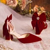 Pretty Big Bowtie Women's Thick Heel Pumps Trend Red Suede Pearls Buckle High Heels Ladies Wedding Dress Shoes Women 34-40 1