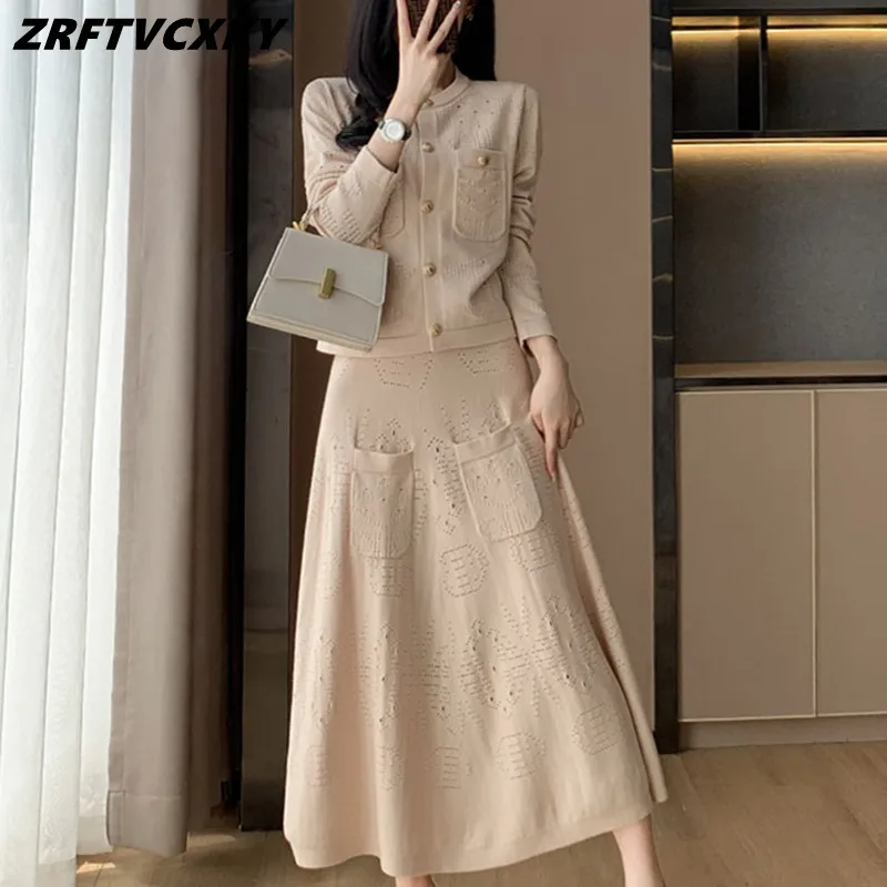 

High-End Hollow Out Knitted Two Piece Set For Women Designer Single Breasting Pocket Top+Midi Skirt Casual Sweater 2 Piece Set