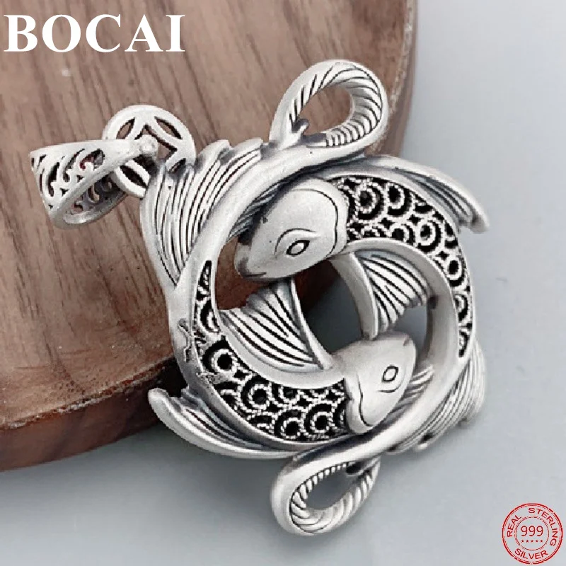 

BOCAI S990 Sterling Silver Pendants for Women Men New Fashion Hollow Douple Fancy Carps Argentum Jewelry Free Shipping