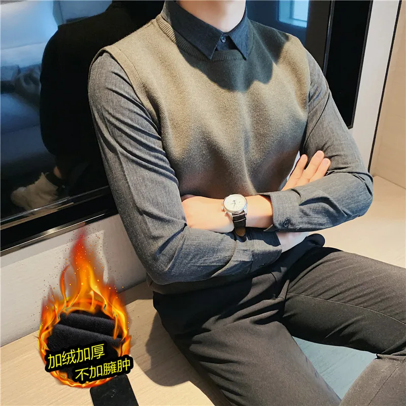 

Latest Model Waxing Fake Two Slim Long Sleeved Shirts Men's Shirt Neck Knitted Pullover Vest Casual Social Club Shirt Streetwear