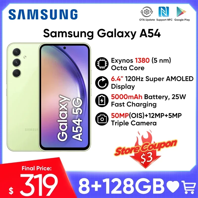 Samsung Galaxy A54 5G Smartphone 8GB 256GB Exynos 1380 6.4 Super AMOLED  FHD+ Screen Triple 50MP