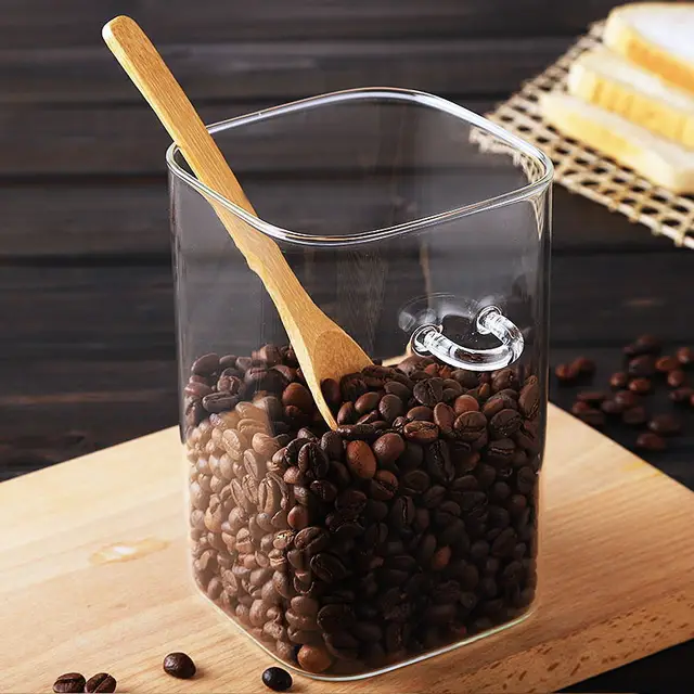 Japanese Style Square Glass Sealed Storage Jar with Wooden Spoon Seasoning Box Coffee Bean Cans Household Milk Powder Tea Cans 3