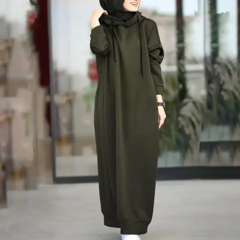 Muslim Women's Autumn Clothing Solid Color Plush Cloth Hooded Drawstring Loose Casual Pocket Long Sleeve Women's Sweater Women