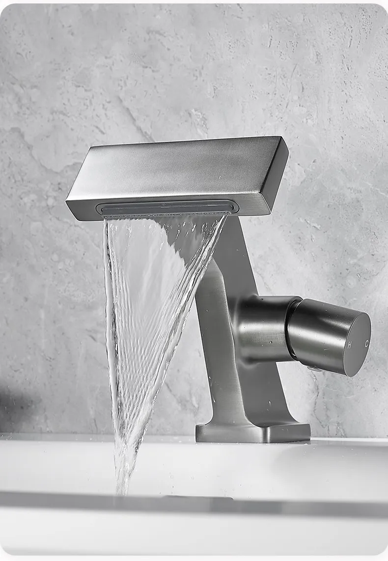 Description Picture 2 of itemNew Bathroom Basin Faucet Gray Single Lever hot and cold Waterfall Crane Brass Sink mixer Black Chrome Gray Tap