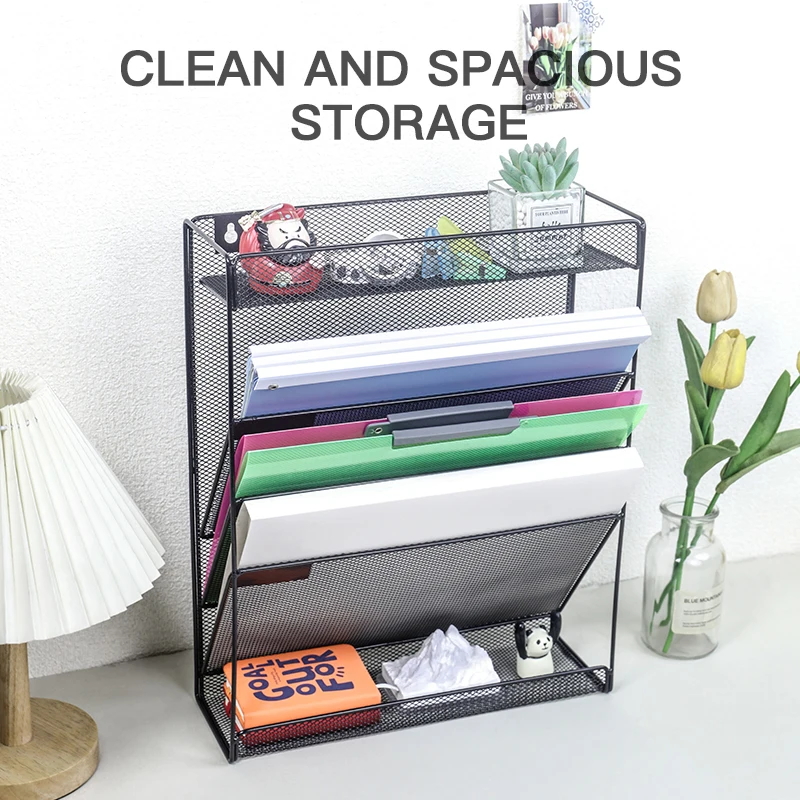 Wall file rack with bottom flat tray, office hanging folder magazine rack, including designer label hook set 3
