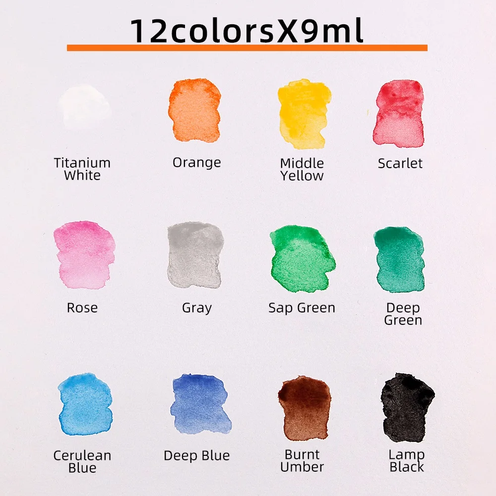 12 Color Watercolor Paint Set 9ml Tubes Professional Artist Painting Supplies Vibrant Watercolors for Drawing Coloring Sketching