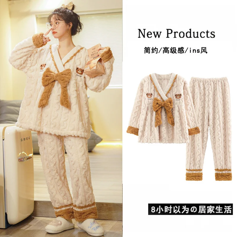 

Autumn Winter Sleepwear Fleece Japanese Kawaii Bow Clothes Pajamas Pants Sets Fo Women 2 Piece Warm Thick Home Night Wear Lounge