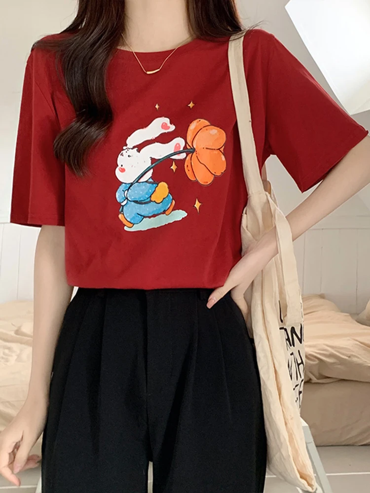 

2023 Cotton T Shirt Women's Summer New Cute Cartoon Printing Casual Solid Tee Female Loose Short Sleeve Soft Tops
