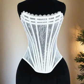 Women Luxury Corset Bustier Overbust Transparent Mesh Lace Up Boned Bodice Sexy Straoless Tube Tops For Wedding Party Costume