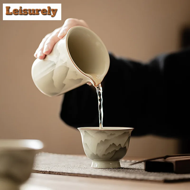 2pc/lot Mountain Flower Ru Kiln Porcelain Teacup Elegant Tea Bowl Set Of Cups Fragrance Cup Chazhan Teaware Supplies Craft 70ML