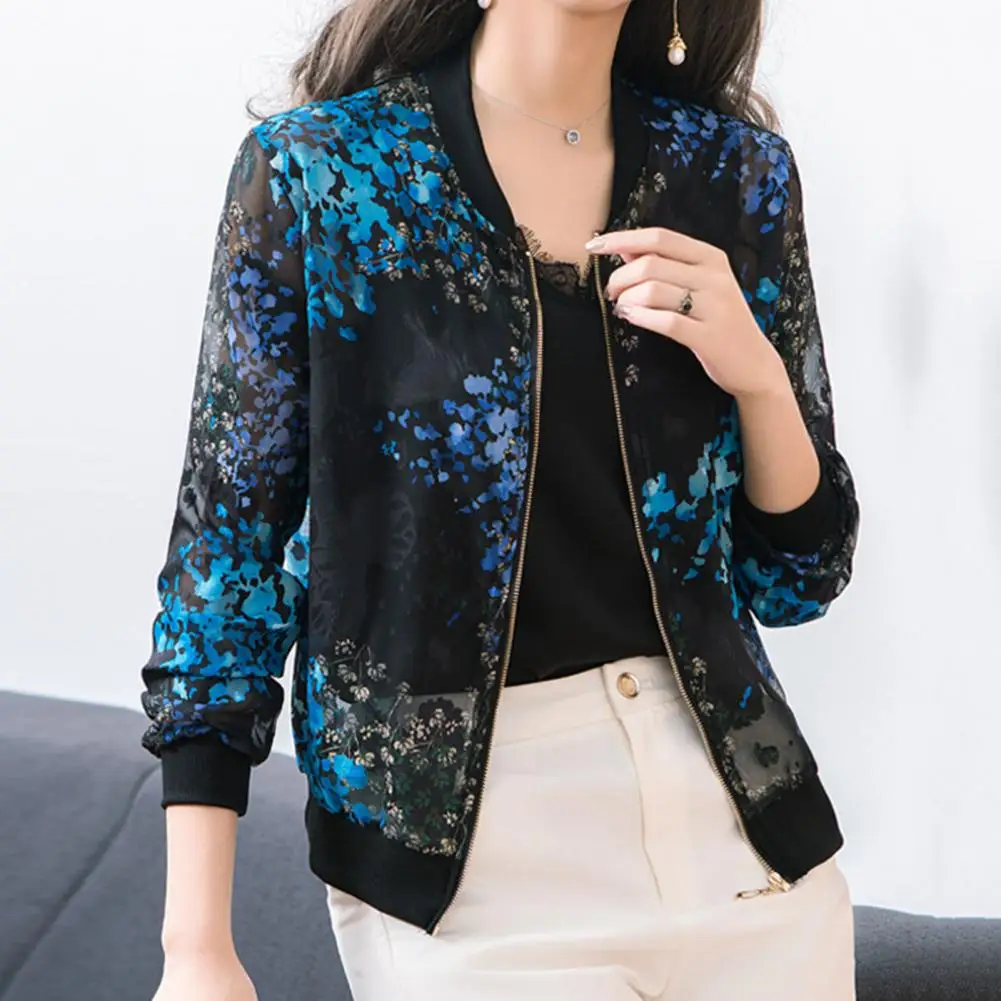 

Versatile Long-sleeved Jacket Versatile Women Jacket Floral Print Chiffon Coat Stylish Stand Collar Long Sleeve for Women