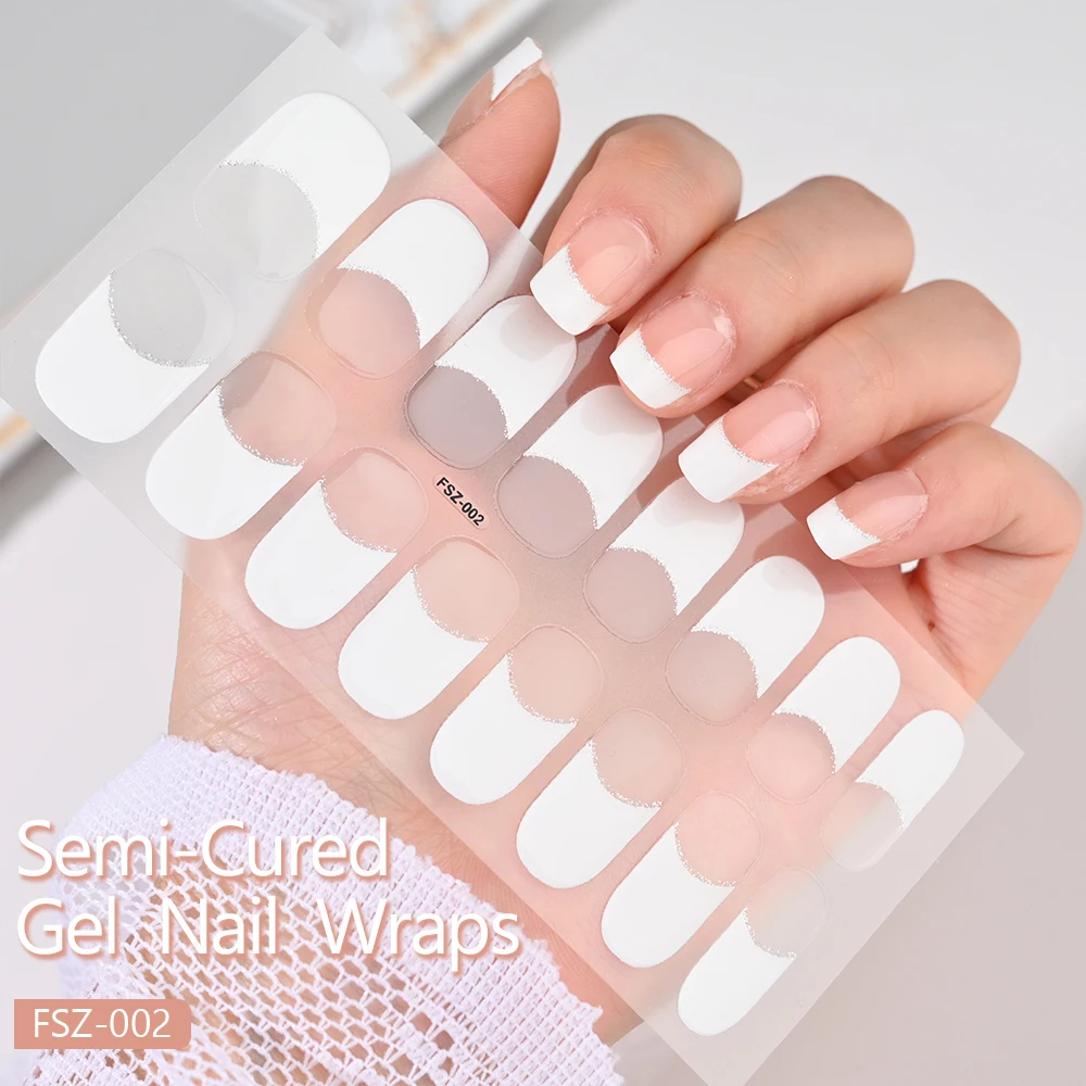 16Tips White French Semi-Cured Gel Nail Patch Sliders Full Cover