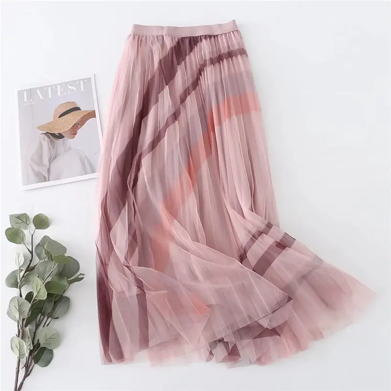 

Korean Fashion Tulle Pleated Skirts Women Elegant Harajuku Print High Waist Mesh Pink/Black A-Line Skirt C464