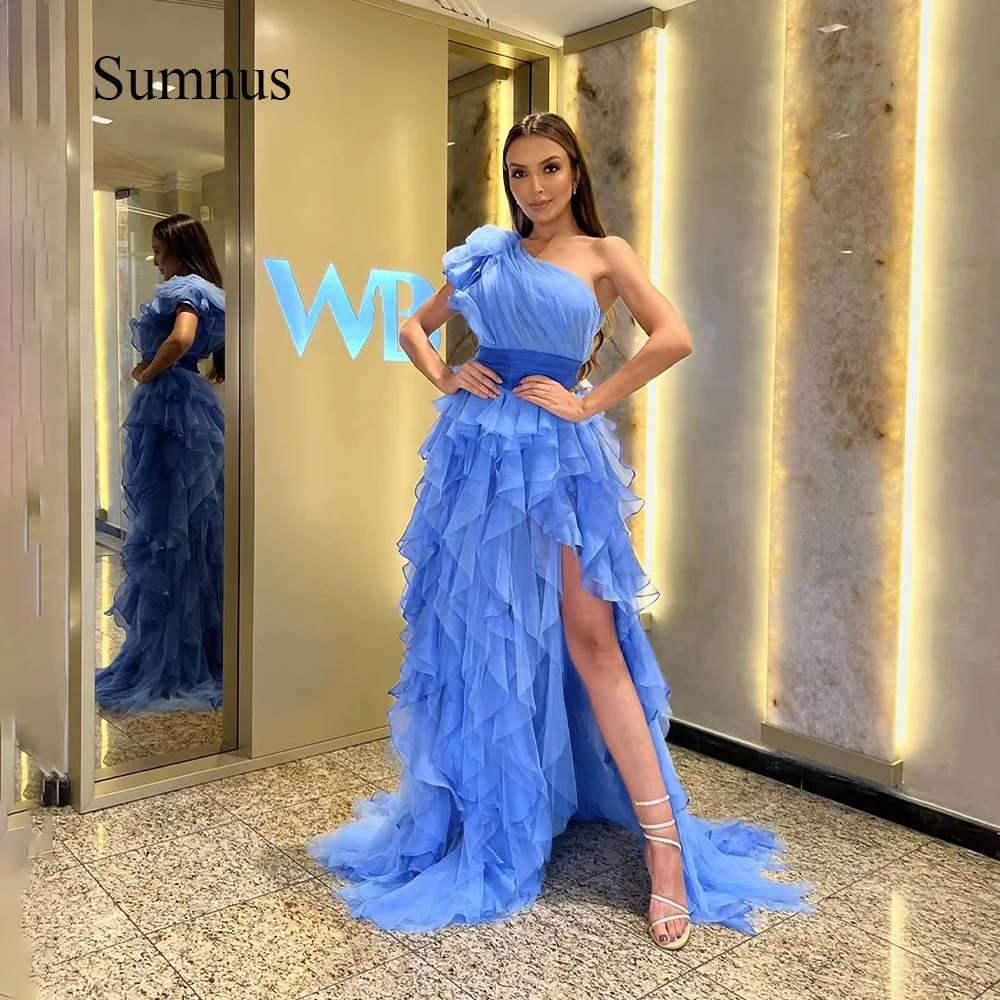 

Sumnus Blue Ruched Chiffon One Shoulder Evening Dresses Side Split Sleeveless Prom Party Gowns Dubai Event Prom Dress Outfits